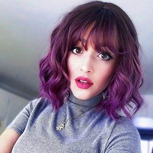 Wavy Bob Wig with Bangs Natural Ombre Purple Wig Synthetic Hair Shoulder Length